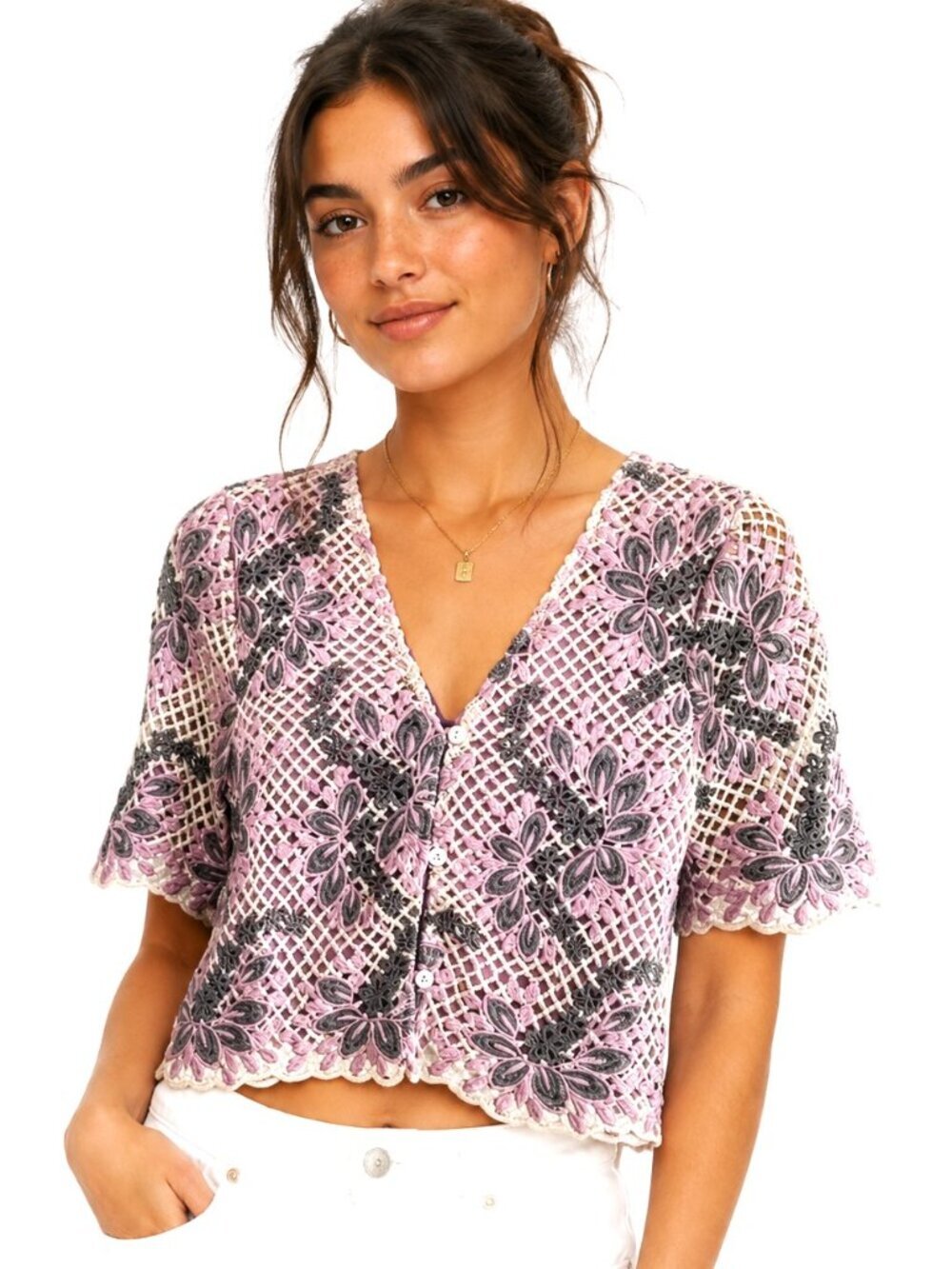 Just Me Lavender Grey Boho Floral Crochet Crop Top